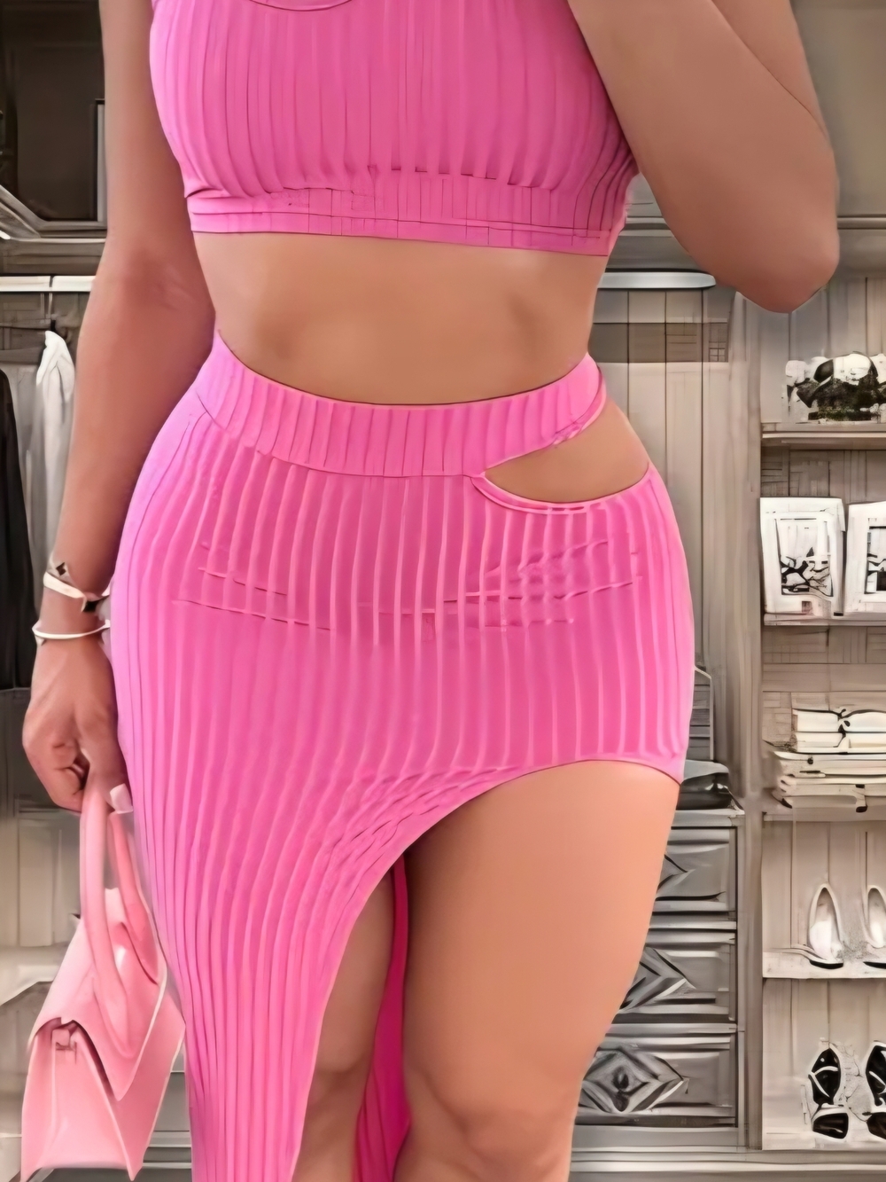 Women’s Pink Asymmetric Cutout Ribbed  Top & Skirt Set – Unbranded
